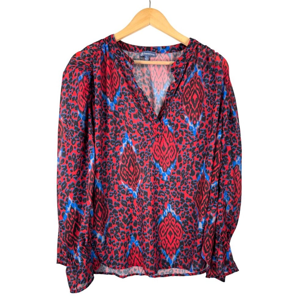 Democracy leopard artsy print sheer relaxed blouses sz L